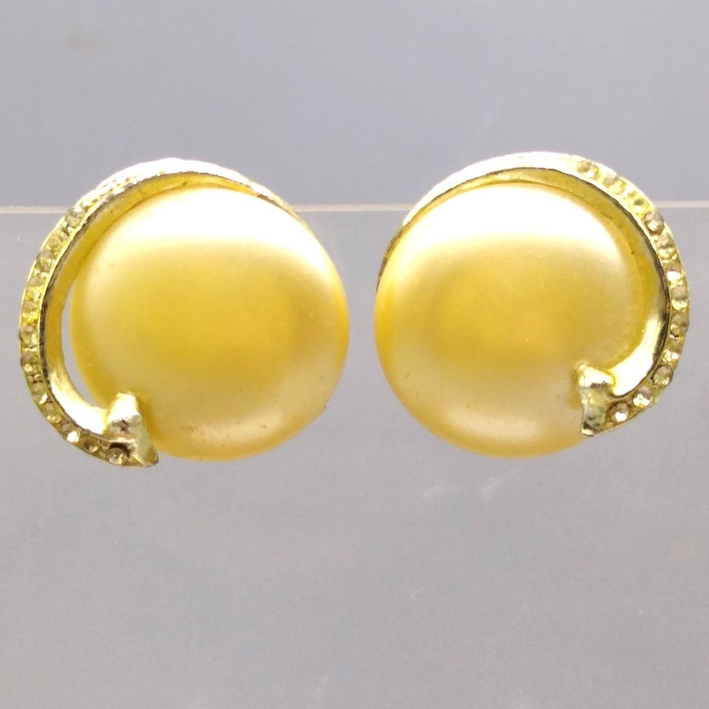 Vintage Pearl Cabochon Earrings, Gold Tone Clip On Embellished w Clear Crystals